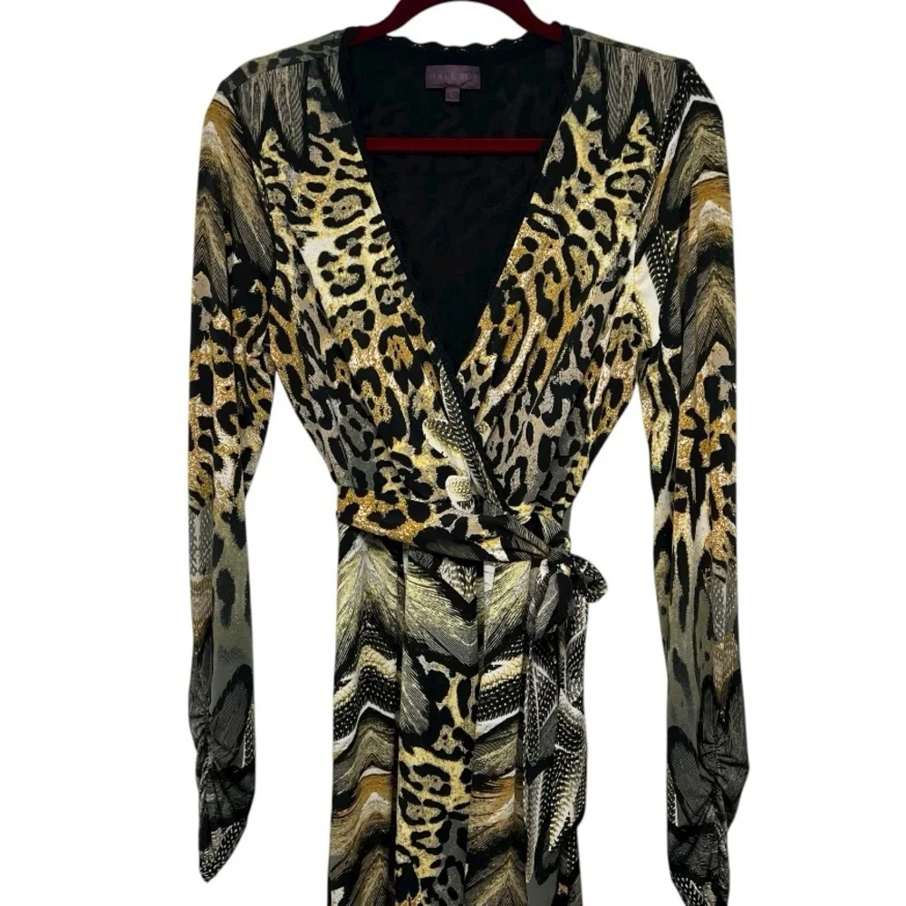 Hale Bob Animal Print Long Sleeve Faux Wrap Dress Women’s Medium - Picture 4 of 12